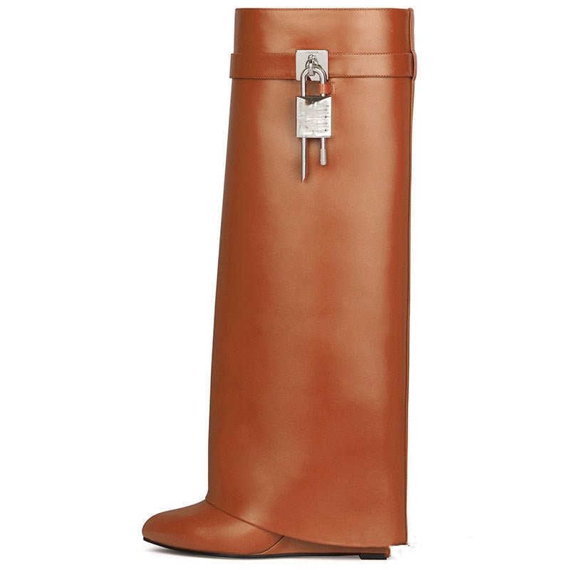 Bota Couro Cano Alto Anabela
