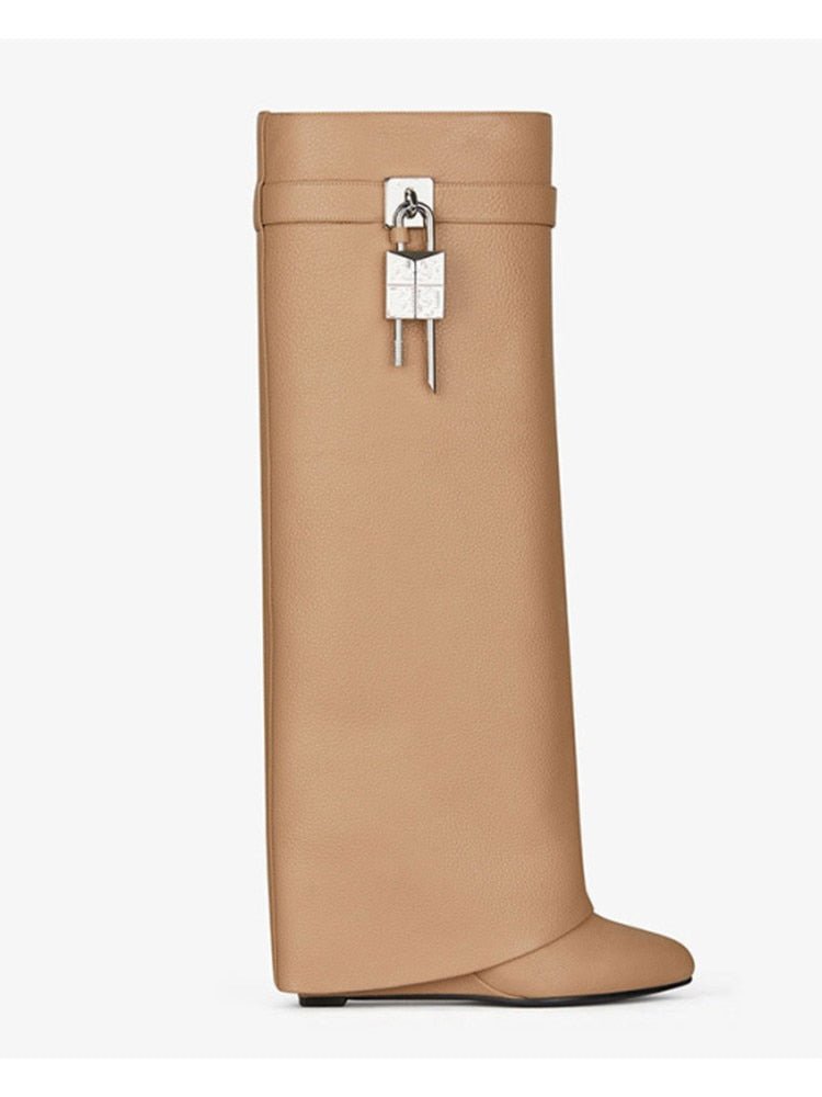 Bota Couro Cano Alto Anabela