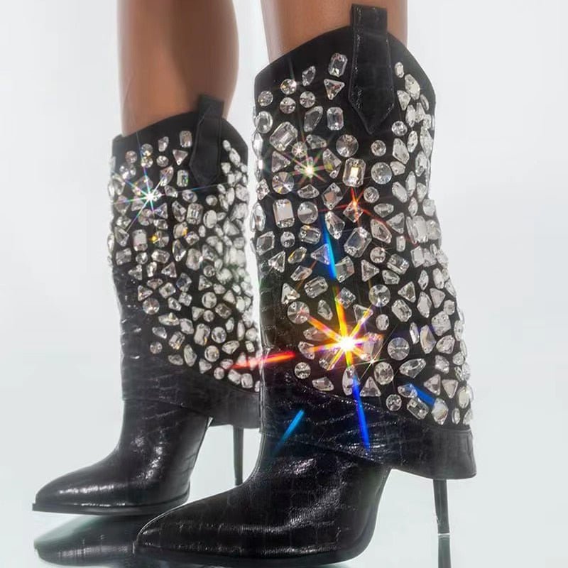 Bota Salto Couro Strass