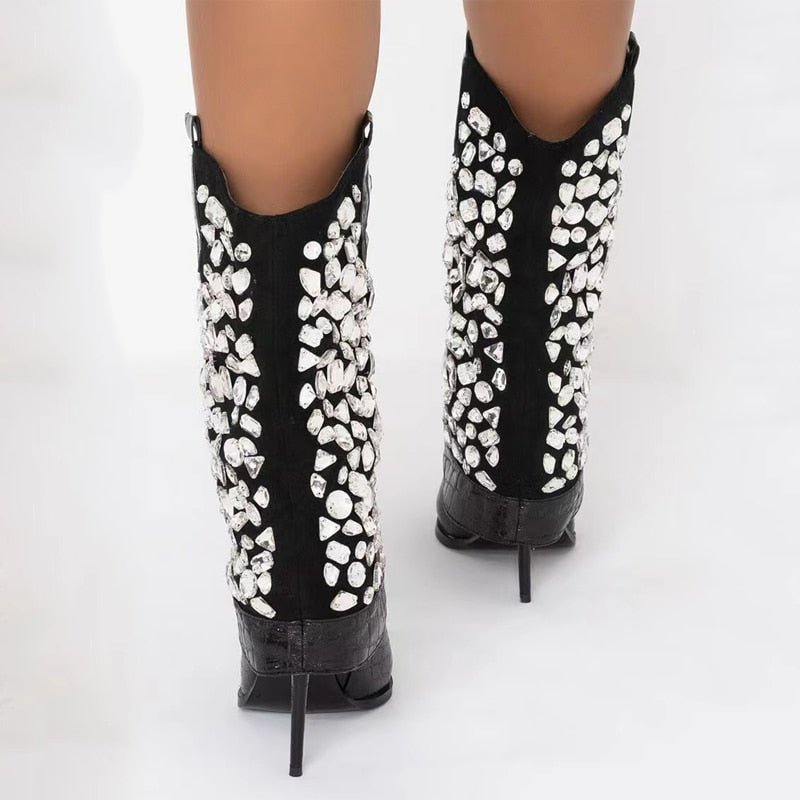 Bota Salto Couro Strass