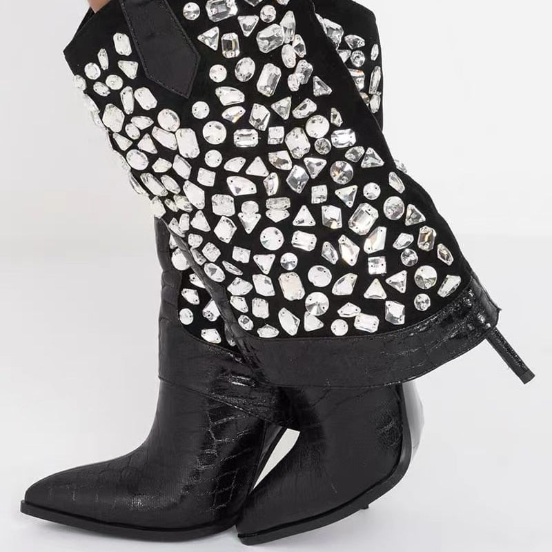 Bota Salto Couro Strass