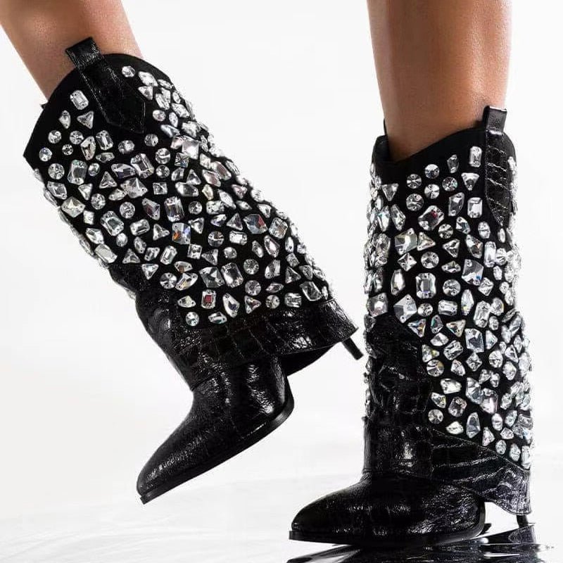 Bota Salto Couro Strass