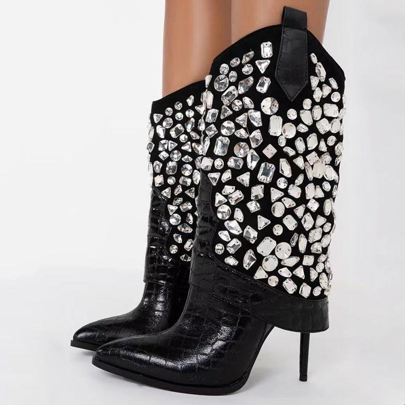 Bota Salto Couro Strass